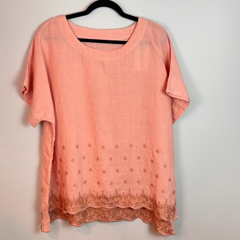 NEW Minibee 100% Linen Pink Floral Embroidered Short Sleeve Blouse Women 2XL NWT